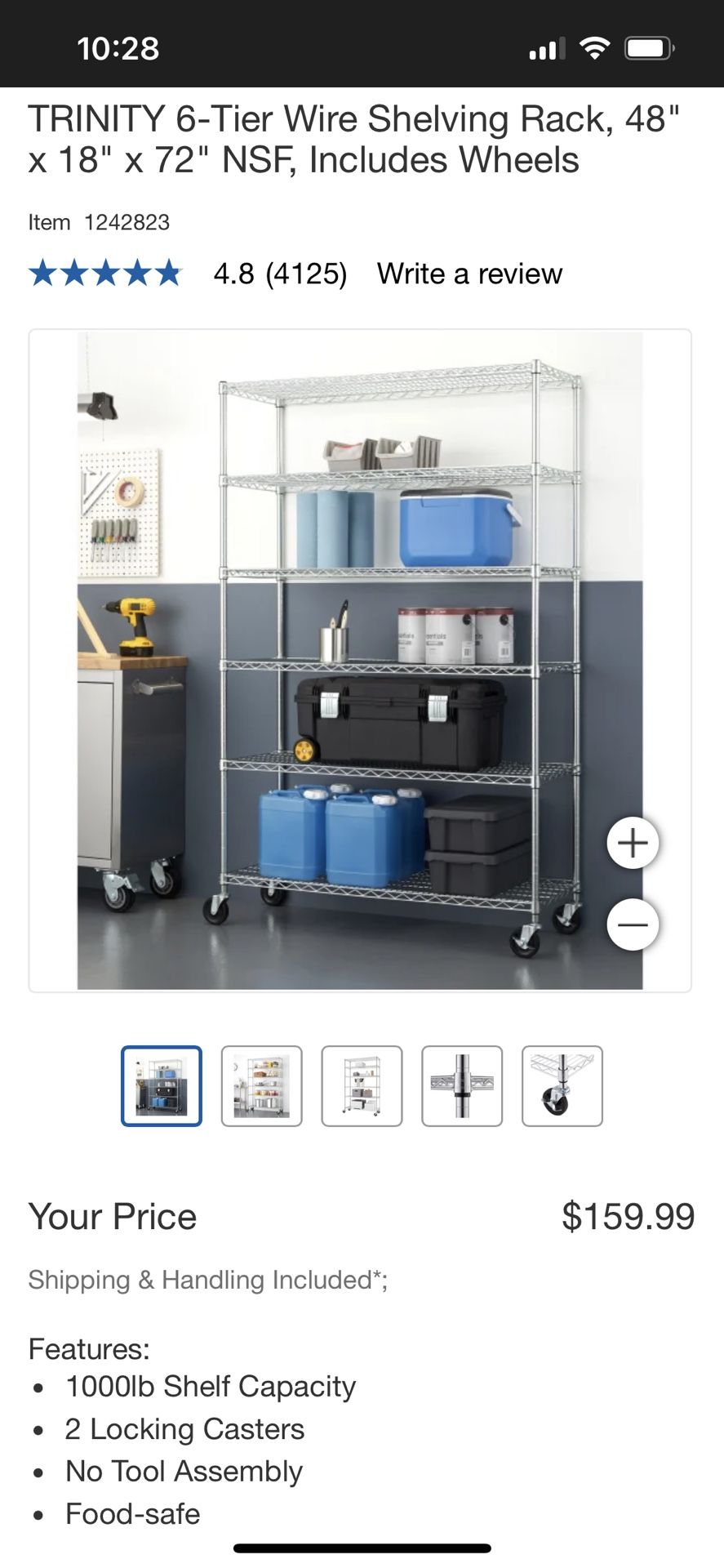 TRINITY 6-Tier Wire Shelving Rack, 48" x 18" x 72" NSF, Includes Wheels
