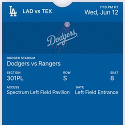 Dodgers Vs Texas Rangers June 12 Three Tickets In The Left Field Pavilion!!$135 Total
