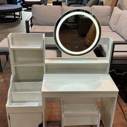  🔥Special Discount 🔥Kids Vanity with Lights, Princess Makeup Vanity Desk with Open Bookshelf, Storage Cabinet & Shelves, Toddler Vanity Table and Ch