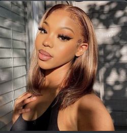 Caramel brown 14” With Dark Roots 100% Human Hair Lace Front Wig 