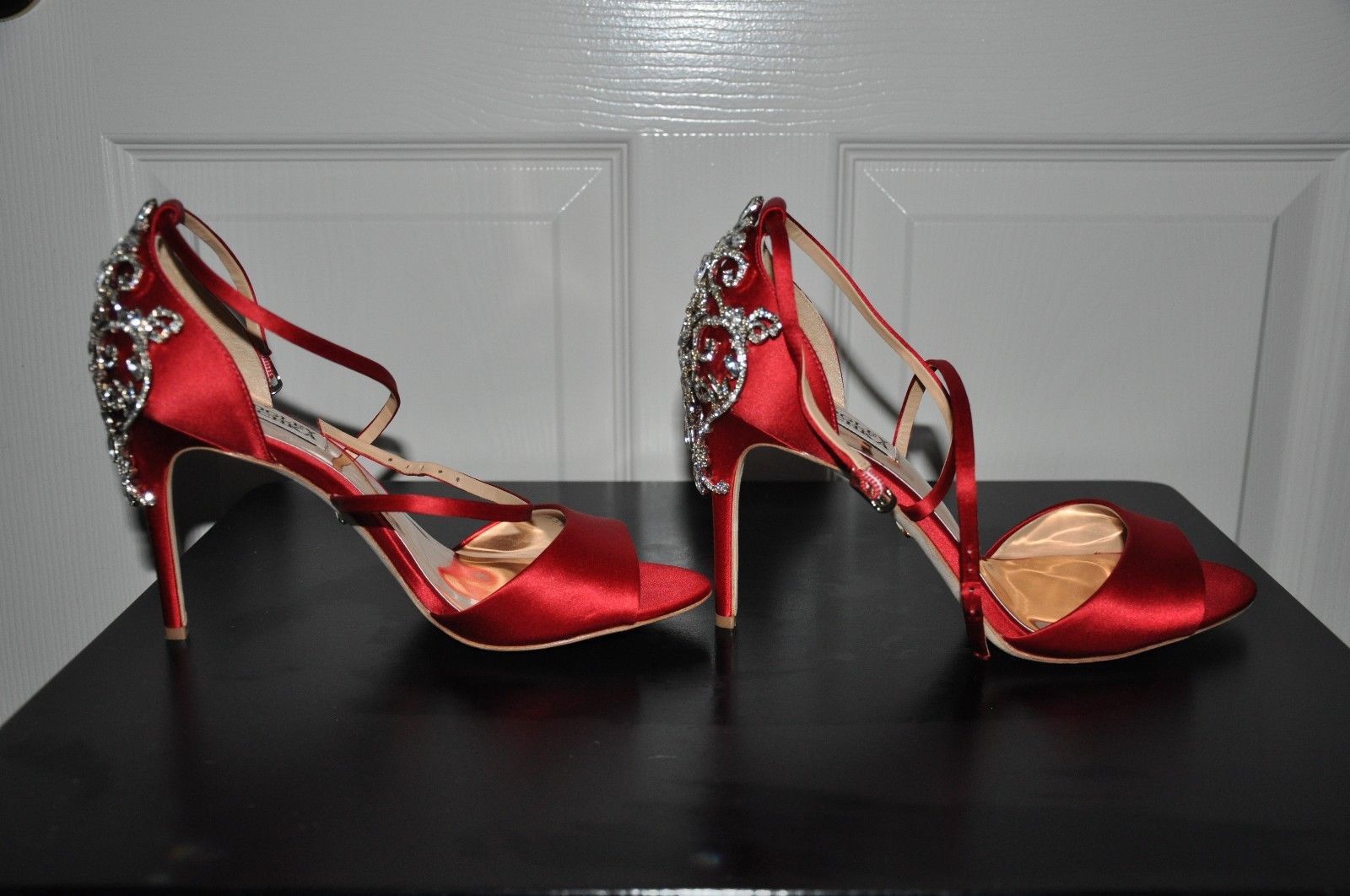 Badgely Mischka Karmen Women’s Red Satin Heel Sandal, Bridal Shoe Size 8