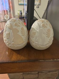 TWO Egg Décor pieces featuring raised bunny and floral designs