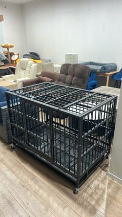 48 inch Heavy Duty Crates for Large Dog, Indestructible and Escape-Proof Cage Kennel with Lockable Wheels, Double Door High Anxiety with Removable Tra
