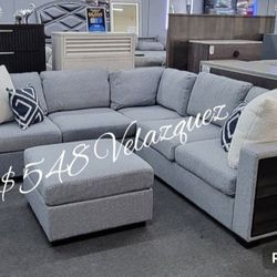 ✅️4 pc grey boucle fabric upholstered sectional sofa with storage arms and ottoman✅️✅️