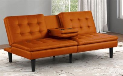 Brand New Orange Leather Futon Sofa Sleeper