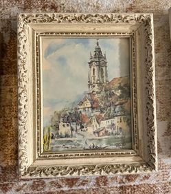 Vintage Cream Baroque Framed Watercolor Prints - European Cathedrals (Pair)