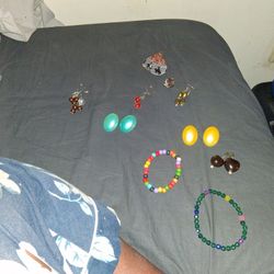 Ladies earrings ring, a bracelet and a homemade anklet.