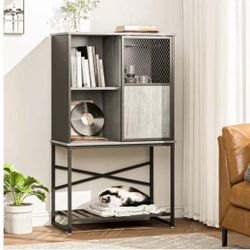 Bestier Industrial Buffet Cabinet with Sliding Mesh Doors, Adjustable Shelves, Wine Glass Rack, Multifunctional Storage Sideboard, Retro Grey Oak (EF8