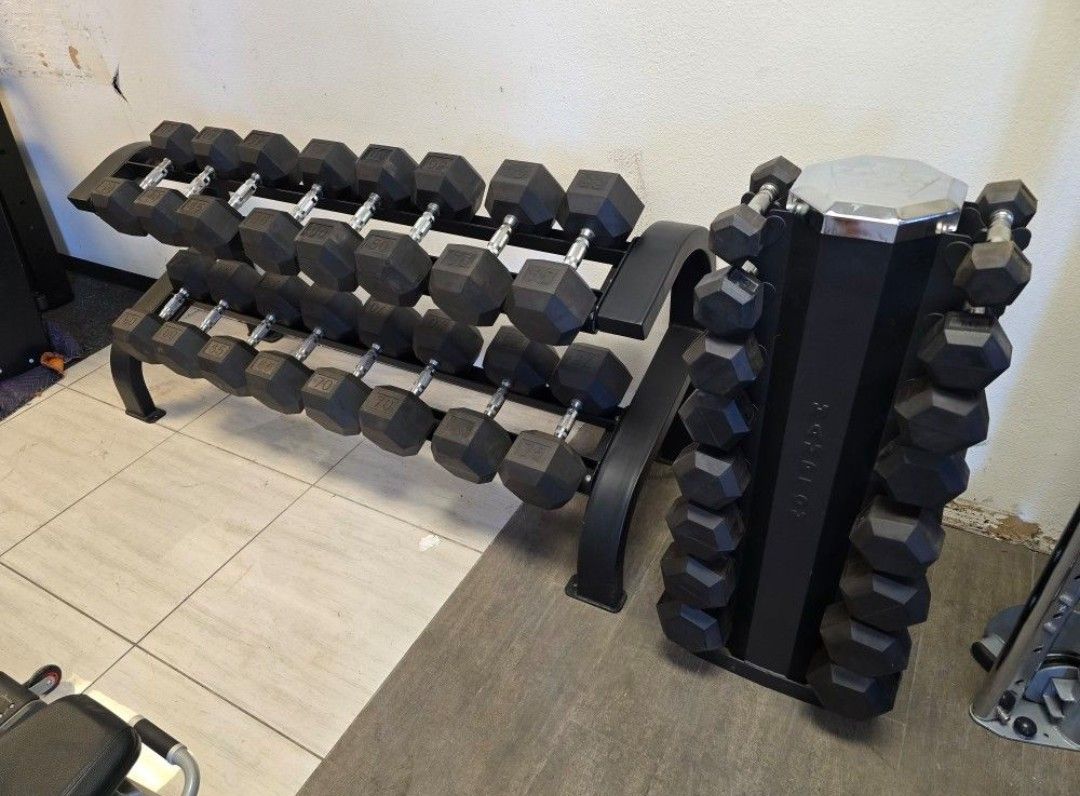 5lbs - 75lbs Rubber Hex Dumbbells With A Tier 2 Commercial Grade Dumbbell Rack 