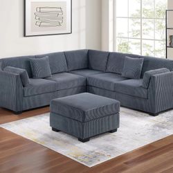 Brand New Grey Corduroy Sectional Sofa w Ottoman 