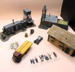 HO Scale Model Train Diorama Lot: Buildings, Vehicles, Figures