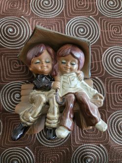 Rainy Day Couple Figurine Vintage Japan Red Ware Pottery Bench Umbrella Cute