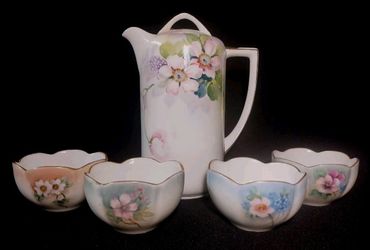 Antique Nippon Chocolate Pot & Floral Cups