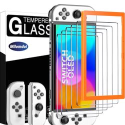5 Pack Tempered Glass Screen Protector for Nintendo Switch OLED Model with 2 Pack Clear Joy Con Soft Case