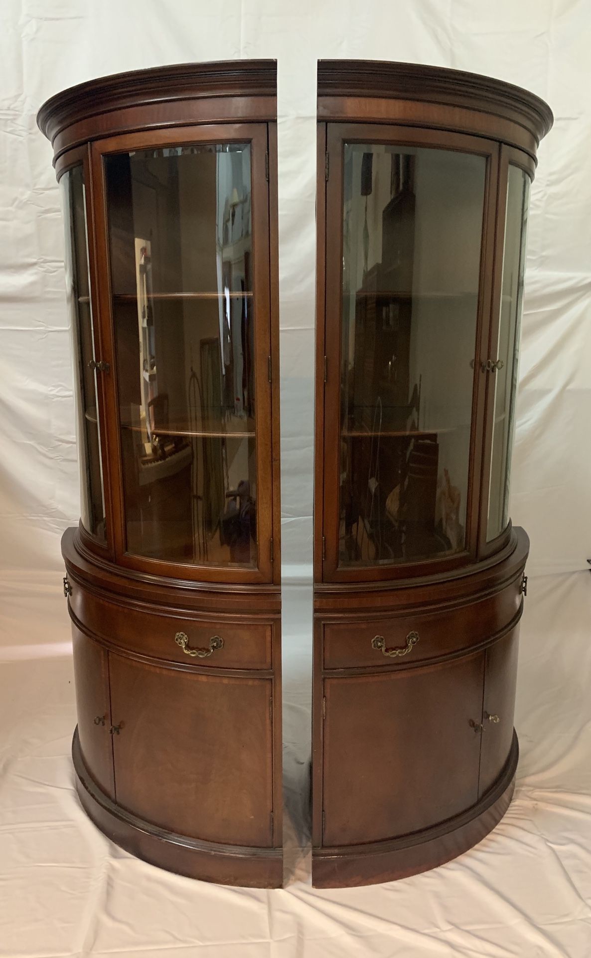 Pair Of Georgian Style Demi Lune Corner Cabinets By Fancher Furniture Company