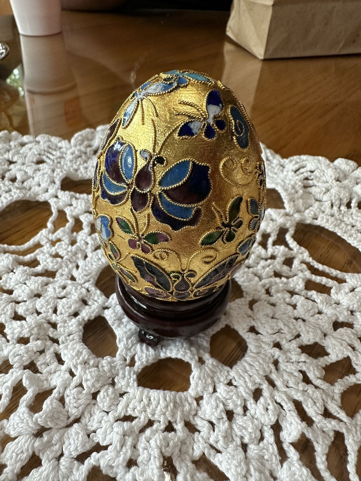 Gold Egg W/Butterflies Is Gorgeous On A Little Tiny Wooden Pedestal