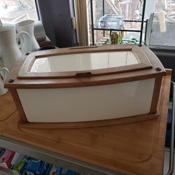 Vintage Steingutfabrik Theodor Paetsch large bread box porcelain + wood 30s/40s bread box 