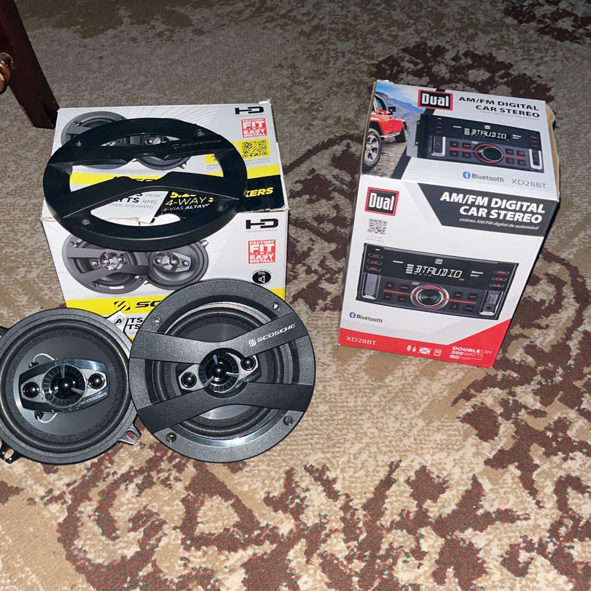 2 Pairs Of Scosche 5.25” 4 Way speakers w/ Dual Digital Car Stereo