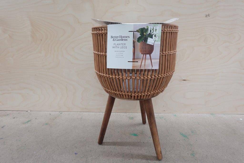 BH&G 13″ Round Resin Rattan Planter Pot & Stand with Acacia Wood Legs