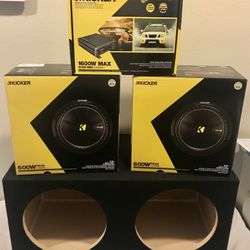 New (2) 12” inch Kicker Comp C 600 Watts Max Subwoofers + Kicker 1600 Watts Max Monoblock Bass Amplifier + Speaker Box 🔊🤑