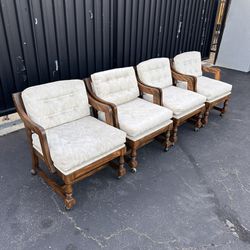 Vintage Mid Century Modern Beige Wooden Arm Chairs Lounge Chairs on Caster Wheels Set of 4