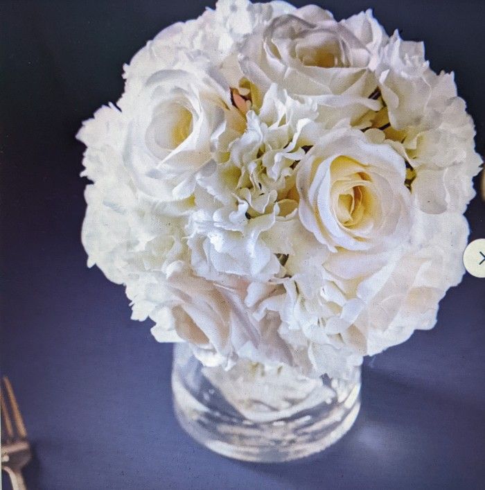 Hydrangea & Rose Floral Arrangement In Glass Vase - New In Box