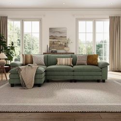 Green Corduroy L-Shaped Sectional Sofa