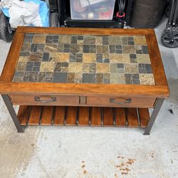Antique Coffee table. Metal, stones and solid oak wood