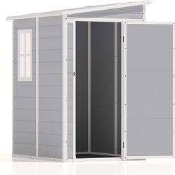 5x4 FT Outdoor Storage Shed, Resin Storage Shed with Floor & Lockable & Window Door for Patio Furniture, Garden Tools and Bicycle, White & Grey