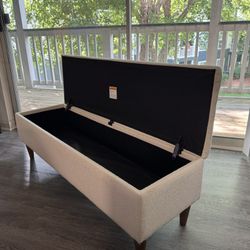 Mid-Century Bouclé Storage Bench – Beige Flip-Top Ottoman Seat with Wood Legs