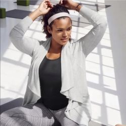 ATHLETA Heathered Light Grey Open Front Drape Athleisure Studio Wrap Cardigan