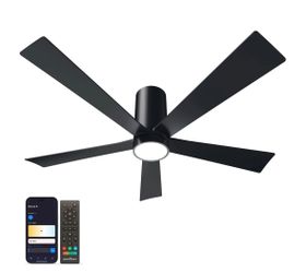 52-Inch Smart Flush Mount Ceiling Fan with LED Light Black Modern Design