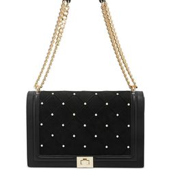 INC Ajae diamond textured studded flap over women's crossbody shoulder bag BLACK