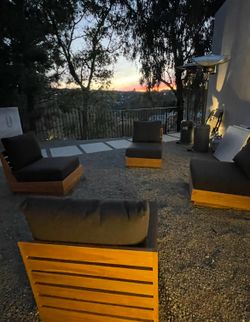Sunbrella charcoal fabric Teak outdoor club chairs Custom made