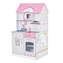 Teamson Kids Ariel 2-in-1 Play Kitchen and Dollhouse with 16 Accessories for 12" Doll, Pink/Grey Pink; Gray - SET OF 14
