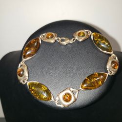 Vtg Sterling Silver Tri Color Baltic Amber Bracelet