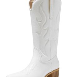 Cowboy Boots Women Western Cowgirl Boots Square Toe Mid Calf Embroidered Pull on Chunky Heel Fashion Boots Sz 9