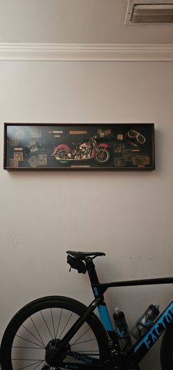 This vintage motorcycle-themed shadow box, titled "Love to Ride," features a detailed model of a 1936 Indian Chief motorcycle with a Stars and Stripes