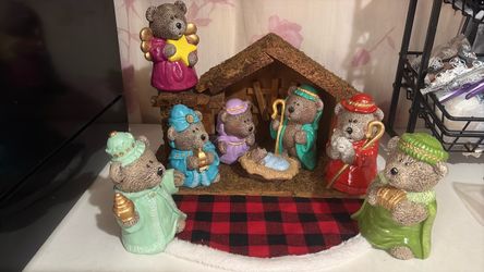 8pc Teddy Bear Nativity Figurine Set, Small Ceramic Miniatures