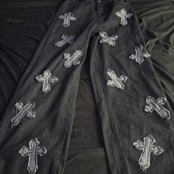 Black Jeans Chrome Heart Patches 