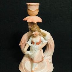 Antique Bisque Candlestick, Porcelain Girl Candle Holder