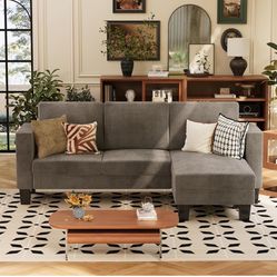 3 Seat L-Shaped Sofa with Linen Fabric Ottoman Small Couch for Small Apartments, Living Room and Office (Linen Fabric, Dark Gray)
