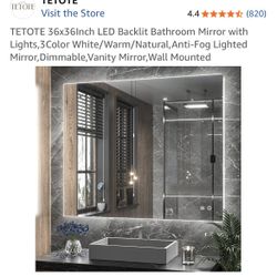 TETOTE 36x36Inch LED Backlit Bathroom Mirror with Lights,3Color White/Warm/Natural,Anti-Fog Lighted Mirror,Dimmable,Vanity Mirror,Wall Mounted