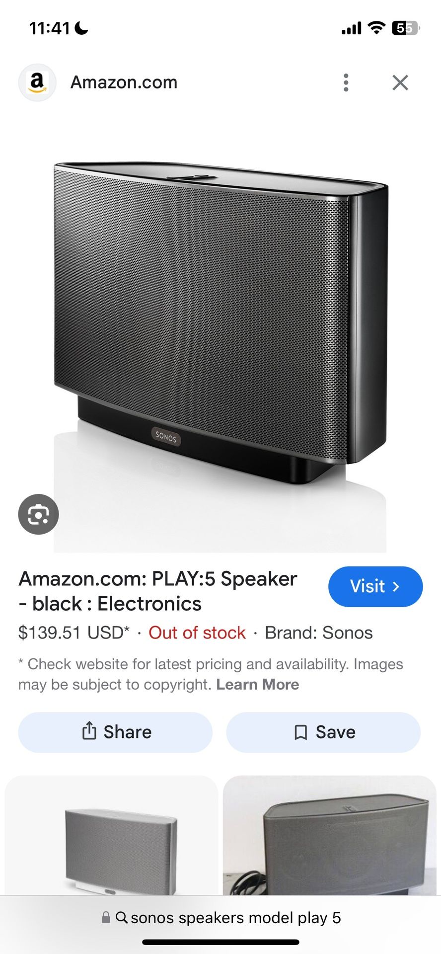 Sonos Play: 5 Wireless Smart Speaker. Uses Sonos1 App. 2 Speakers+Model Bridge