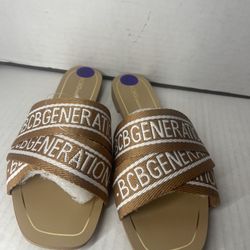 BCBGENERATION Women's Kala woven logo straps Flat Sandals in camel size 8.5M NIB