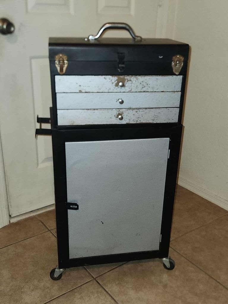 VINTAGE 2 TIER BLACK SILVER STEEL METAL ROLLING TOOL BOX TOOLBOX CART SHELF DRAWER STORAGE ORGANIZER