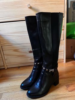 Black Knee-High Riding Boots with Gold Studs