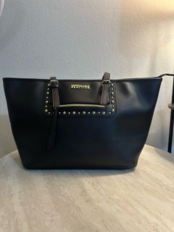Kenneth Cole Reaction Black Studded Tote Bag Gold Hardware Zip Closure