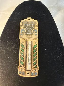 Beautiful Jerusalem Mezuzah – Gold with Emerald Green, Mezuzah Purchased in Israel