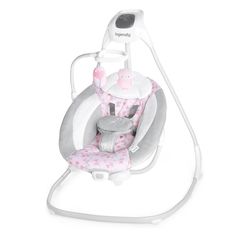Ingenuity SimpleComfort Lightweight Compact 6-Speed Multi-Direction Baby Swing, Vibrations & Nature Sounds, 0-9 Months 6-20 lbs (Pink Cassidy)